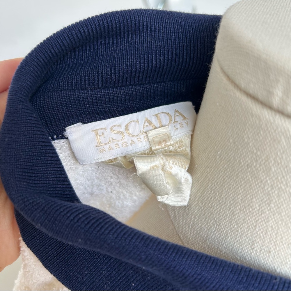 Vintage Escada White & Navy Terry Sequin Collar Button Up Long Sleeve Polo - Picture 15 of 16